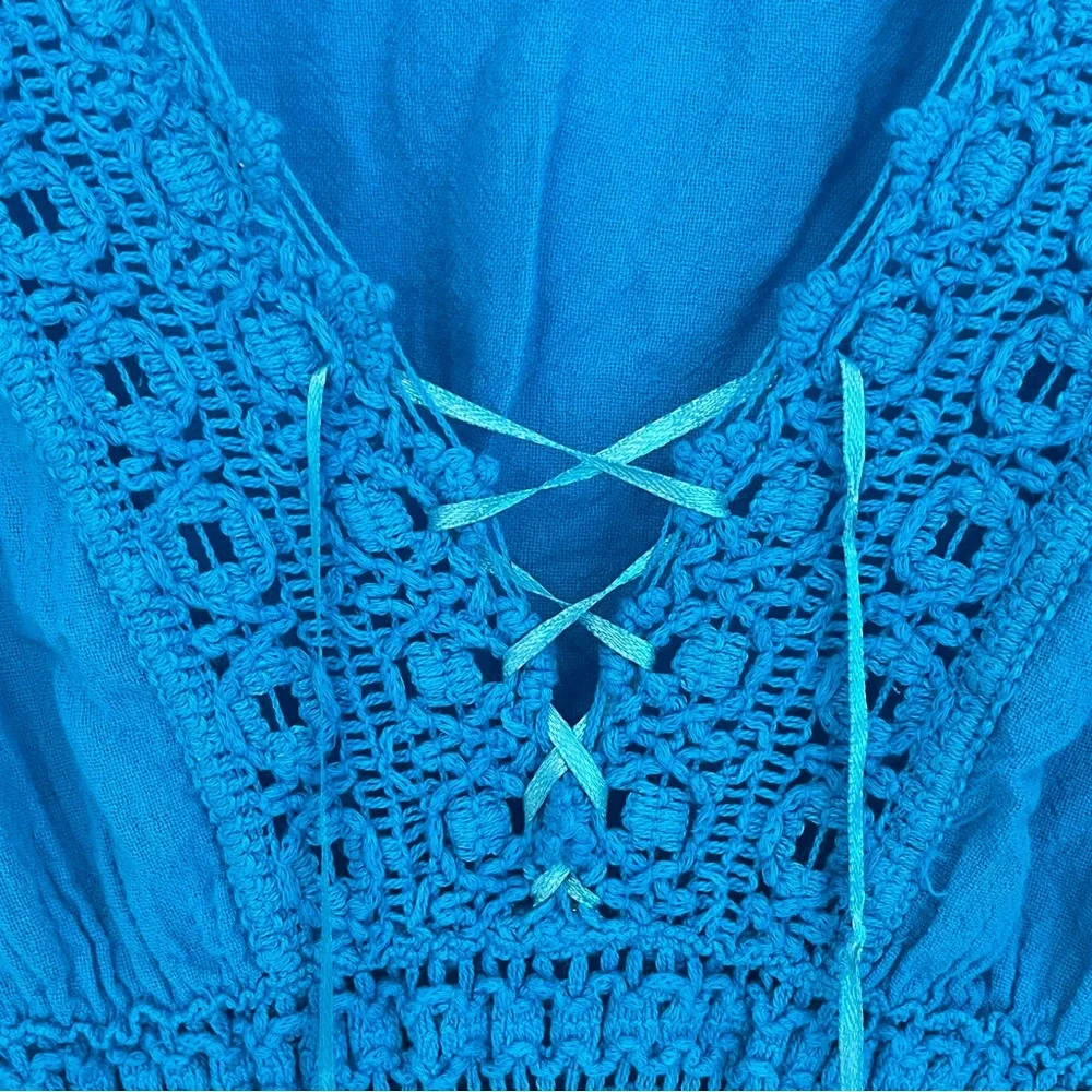 Blue Swim Cover Up Dress Womens S Lace Trim Beaded Ties Elastic Waist Beach Pool - Picture 4 of 7